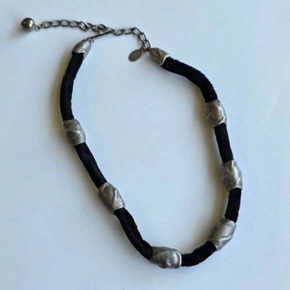 Vintage 90s Collar Choker Necklace Signed Black Velvet Y2k Beaded Retro Silver - Picture 2 of 8